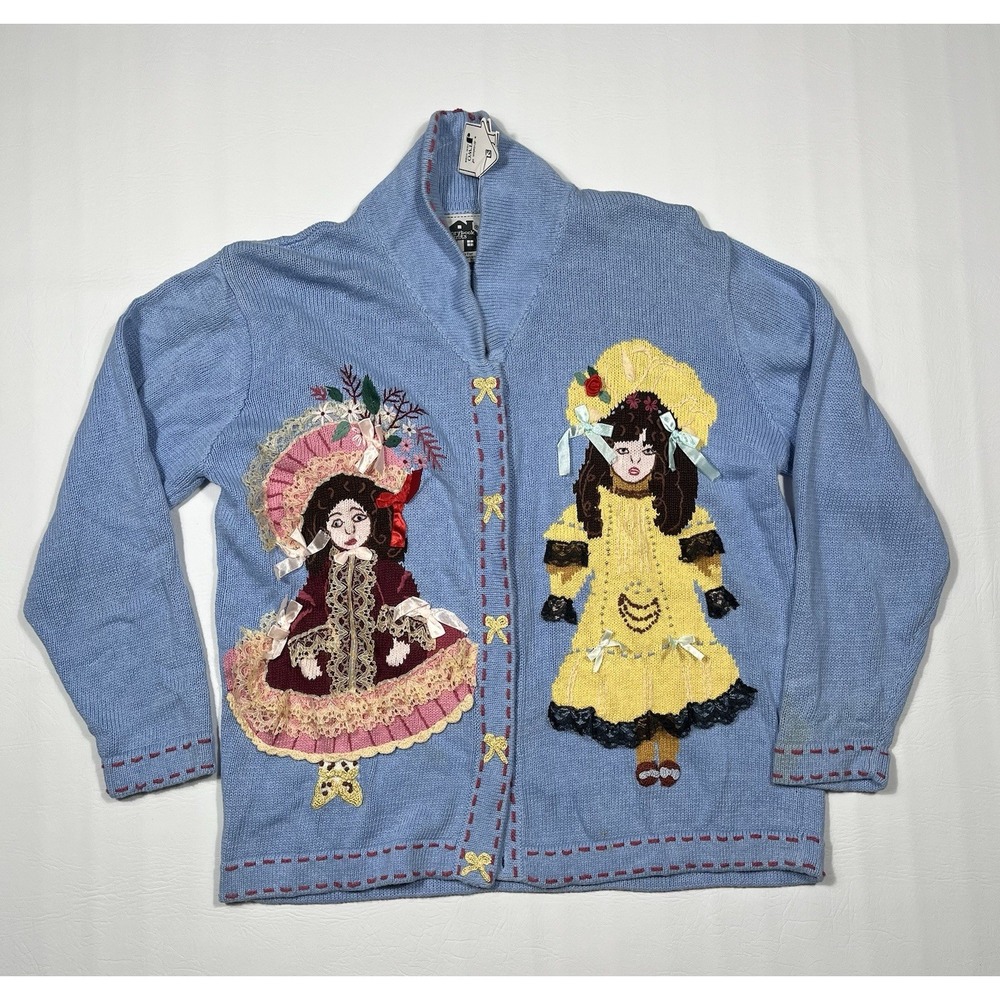 Storybook Knits Cardigan Sweater Womens Medium Blue Dolls Crocheted Novelty VTG